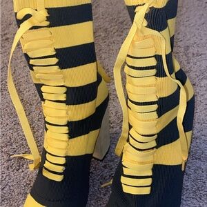 Yellow and Black Striped Lace-Up Boots